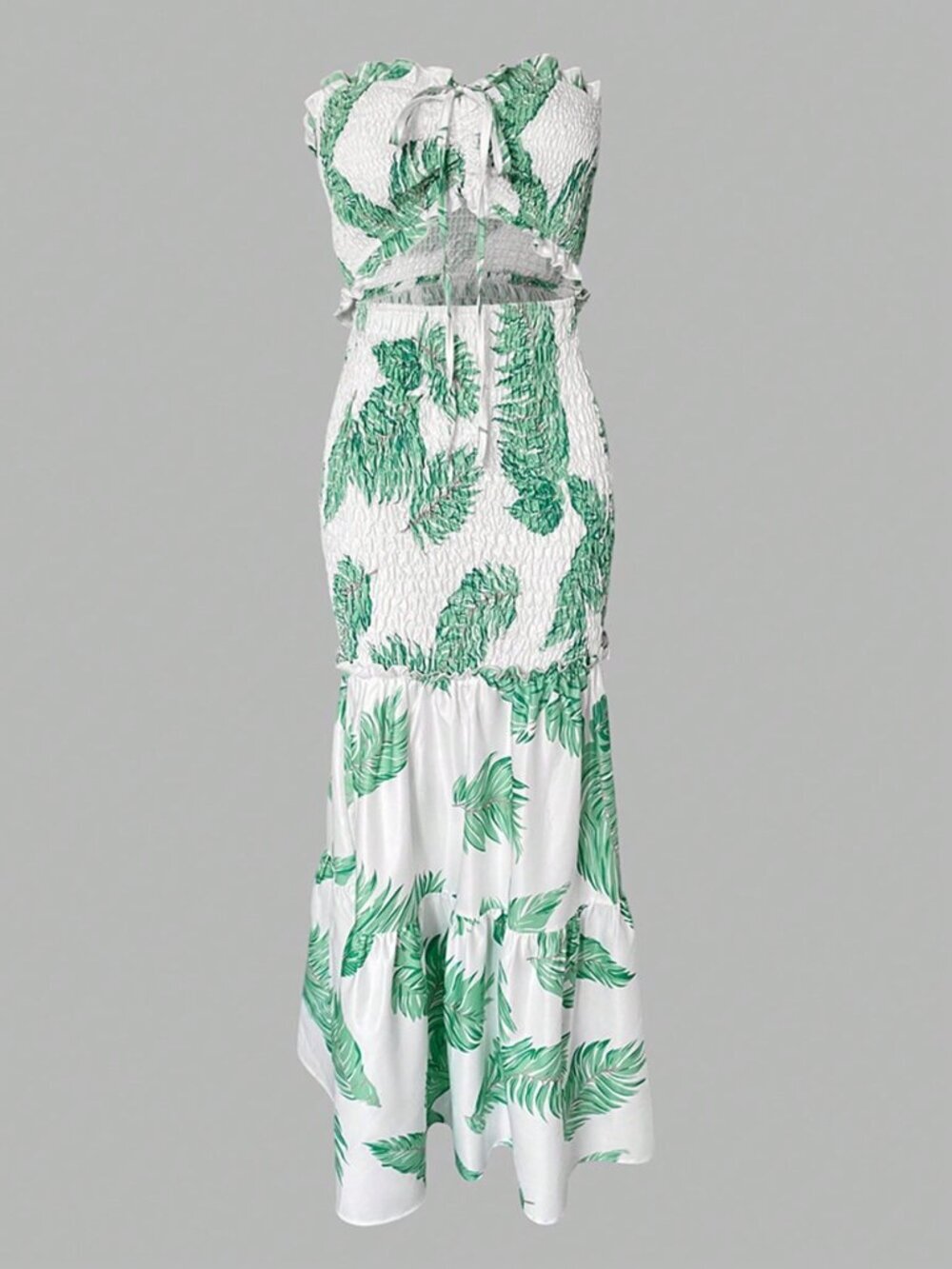 Green Cute Women's Tropical Plant Print Tube Dress Waist Cinch Mermaid Hem - Picture 4 of 4